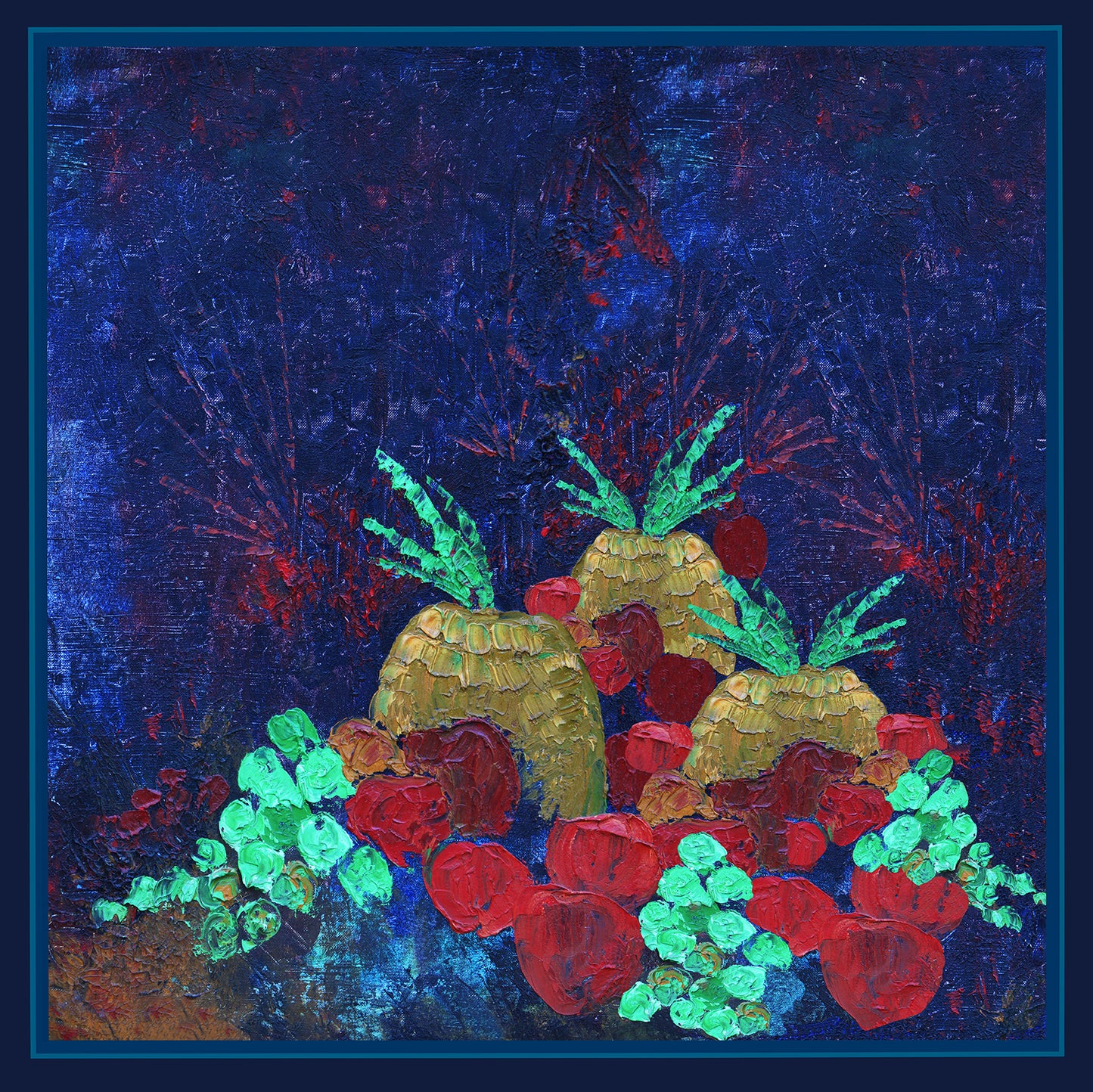 Karnik by TK-LA silk twill neckerchief scarf. Karnik by TK-LA scarf is vivid with bold colors of blue, cherry red, seafoam green, mustard yellow. The silk twill scarf has pineapples, apples, grapes and it is an oil paining transformed into silk fabric in Como, Italy. The silk scarf is 100% silk twill, hand sewn and part of sale is donated to Alzheimer's research and support.