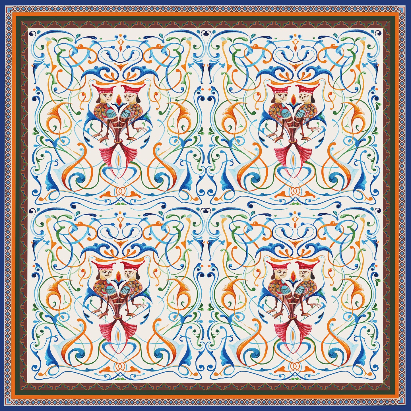 Brilliant colors showcase Egyptian two head bird the BA on silk twill fabric from Como, Italy