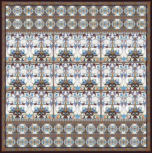 Silva luxury wool silk shawl draped elegantly, showcasing filigree and scrollwork pattern, 55x55 lightweight gauze weave made in Italy