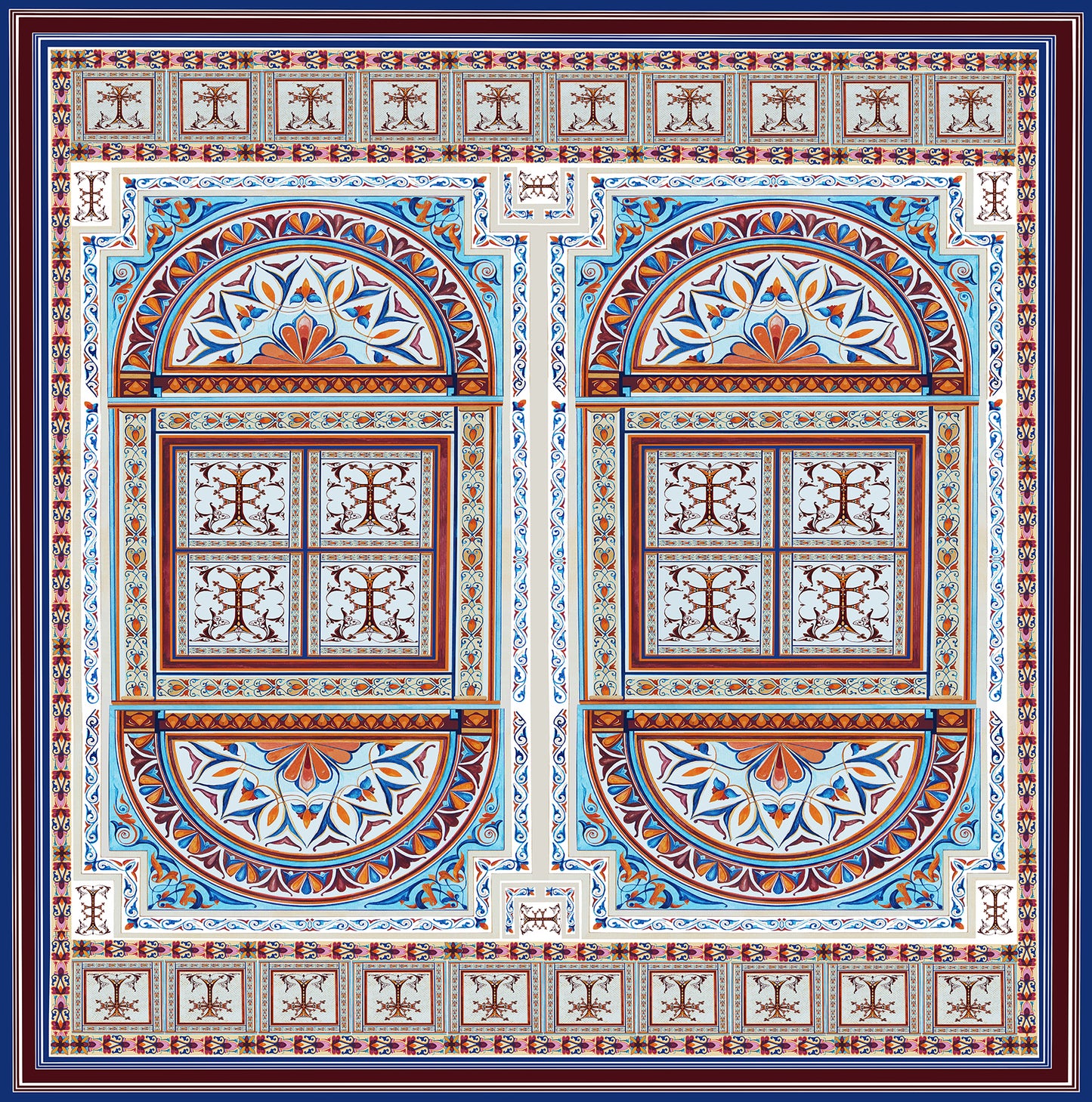 100 percent silk twill hand drawn. made in Como, Italy. Hand sewn. donate to Alzheimer's research and support. End Alzheimer's Disease. A story of long ago produced to reflect the modern adventurous women. Geometric figures, mosaic tiles with hints of baby blue, deep burgundy like mulled wine, flecks of pink and orange perfect for everyday wardrobe. 
