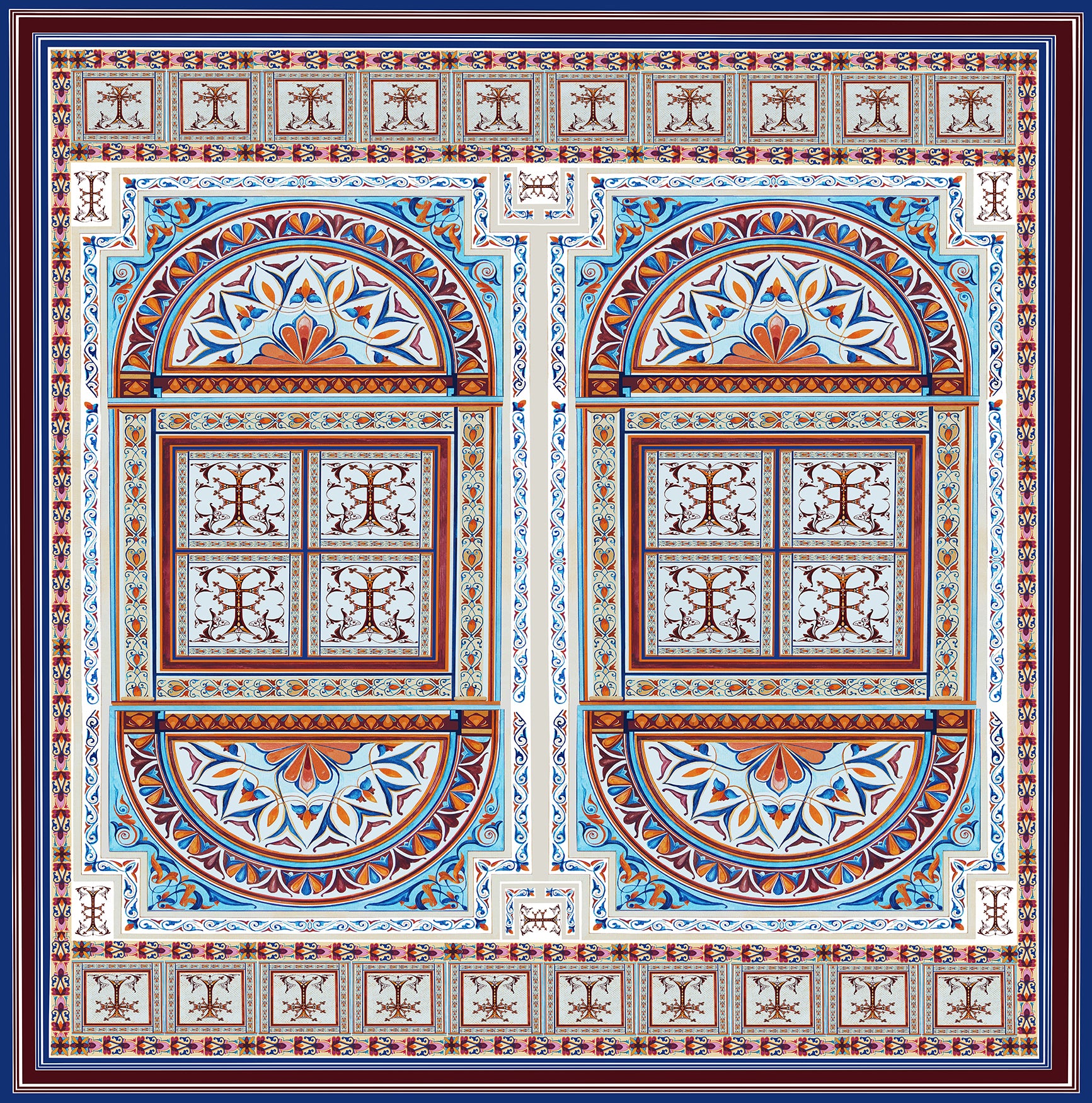 100 percent silk twill hand drawn. made in Como, Italy. Hand sewn. donate to Alzheimer's research and support. End Alzheimer's Disease. A story of long ago produced to reflect the modern adventurous women. Geometric figures, mosaic tiles with hints of baby blue, deep burgundy like mulled wine, flecks of pink and orange perfect for everyday wardrobe. 
