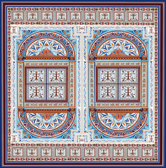 100 percent silk twill hand drawn. made in Como, Italy. Hand sewn. donate to Alzheimer's research and support. End Alzheimer's Disease. A story of long ago produced to reflect the modern adventurous women. Geometric figures, mosaic tiles with hints of baby blue, deep burgundy like mulled wine, flecks of pink and orange perfect for everyday wardrobe. 
