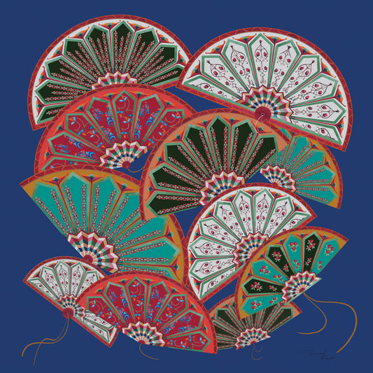 The scarf is full of vibrant bold colors that are influenced from the spice markets of Northern Africa. The design incorporates stunning fans that showcase art from ancient manuscripts.