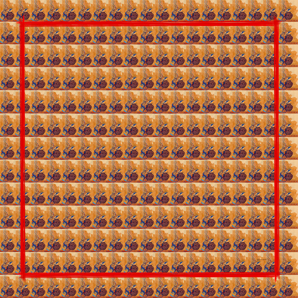 Brown Armenian pot captured in rows with orange background