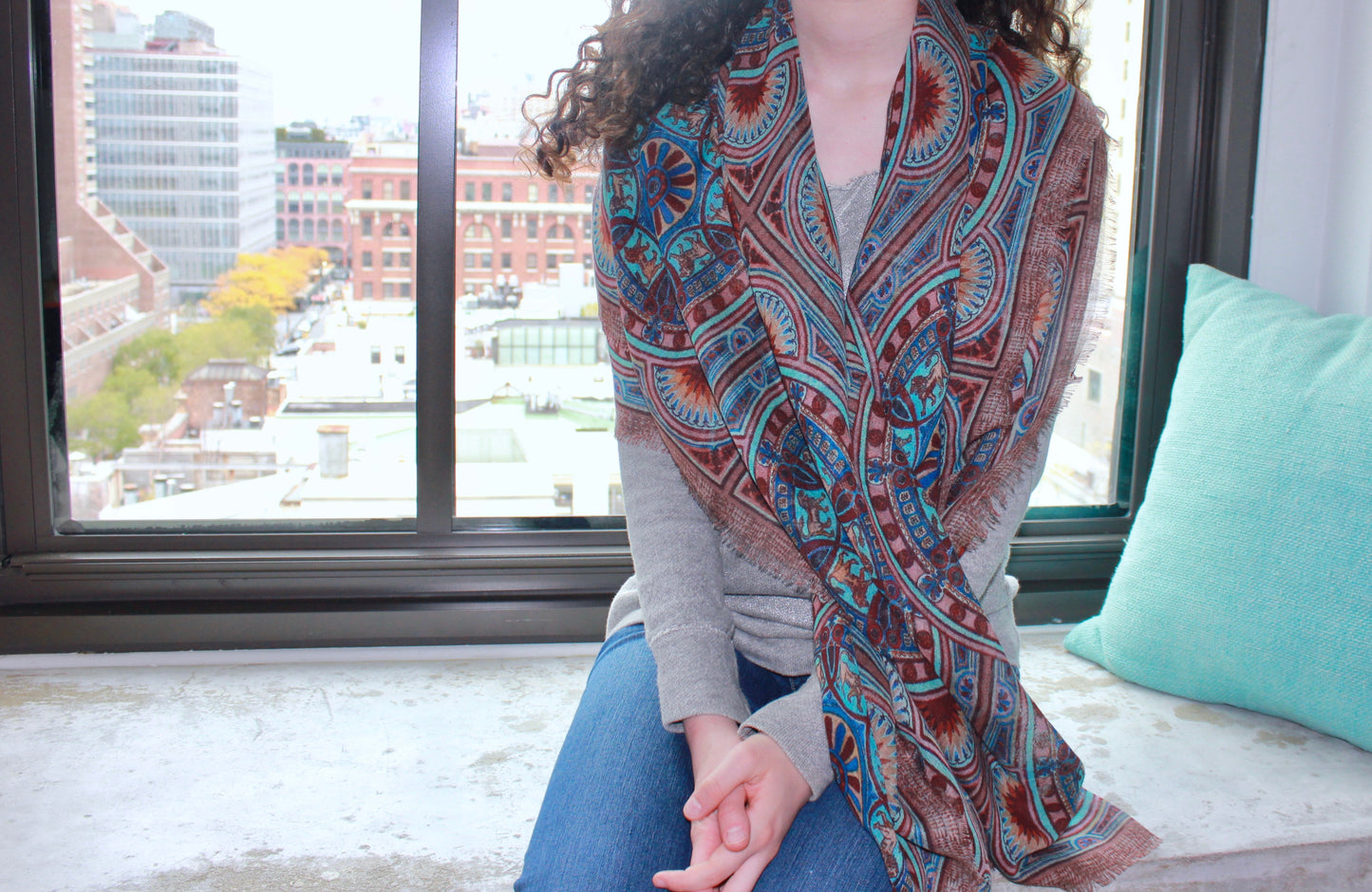 55 inches lightweight, drapes beautifully around shoulder. Inspired by history