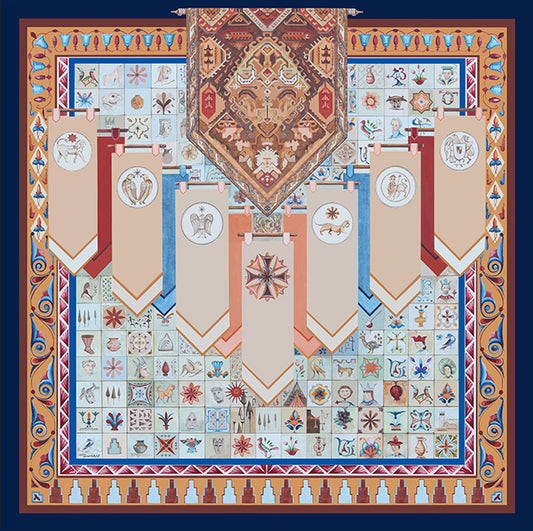 Talo Heritage Mosaic silk scarf by TK-LA styled as a wrap, intricate tapestry design, luxury gift scarf made in Italy