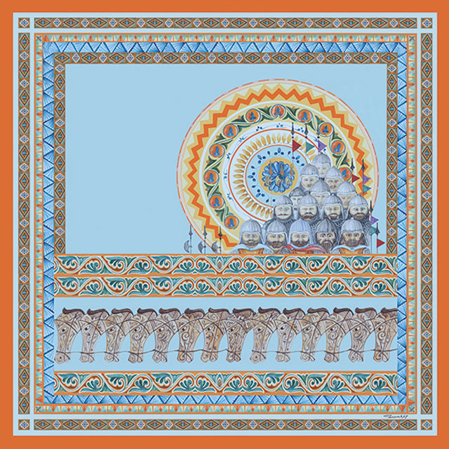 Silk scarf with Vardan Mamikonian battle of Avarayr of 451AD. Orange and blue colors with soldiers and horses