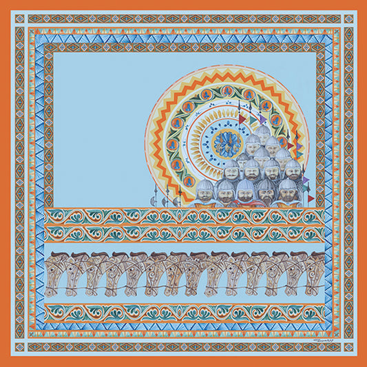 Silk scarf with Vardan Mamikonian battle of Avarayr of 451AD. Orange and blue colors with soldiers and horses