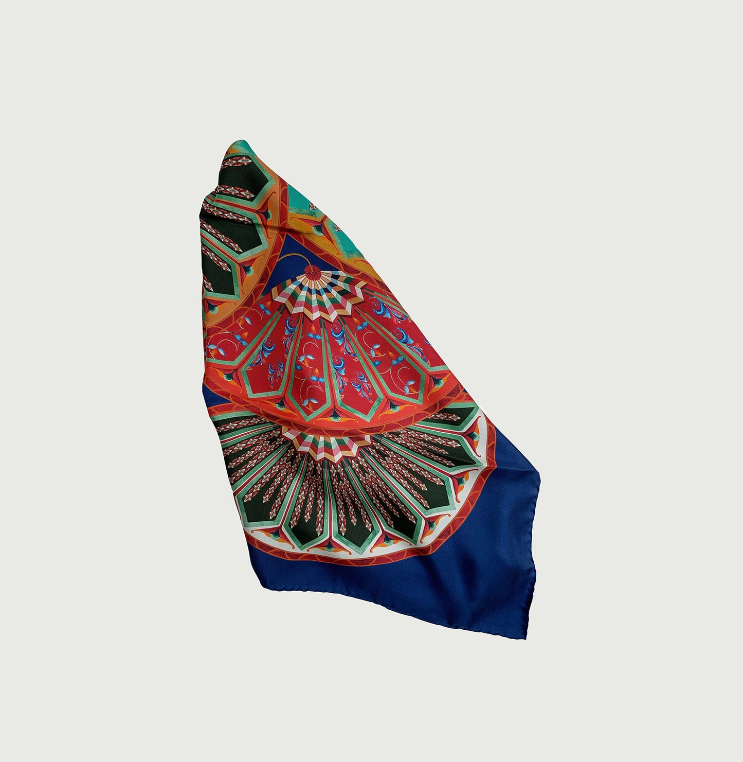 Silk twill scarf that features red, aqua, green and white  fans with gorgeous designs of birds that are found in historical manuscripts