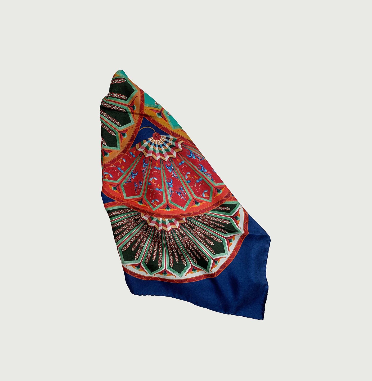 Silk twill scarf that features red, aqua, green and white  fans with gorgeous designs of birds that are found in historical manuscripts