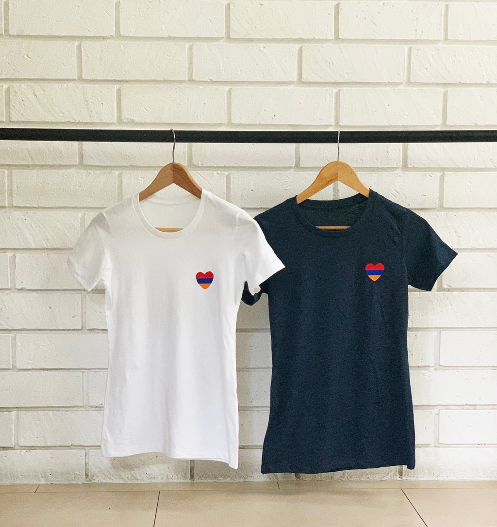 Little heart in Armenian flag colors on the left corner of -tshirts
