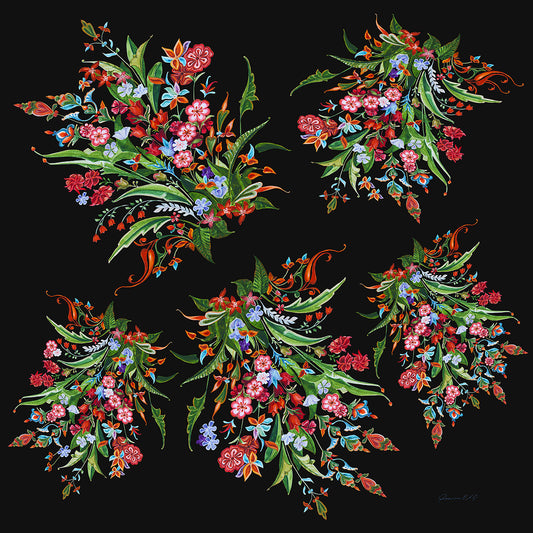 bouquets of colorful flowers against black backdrop