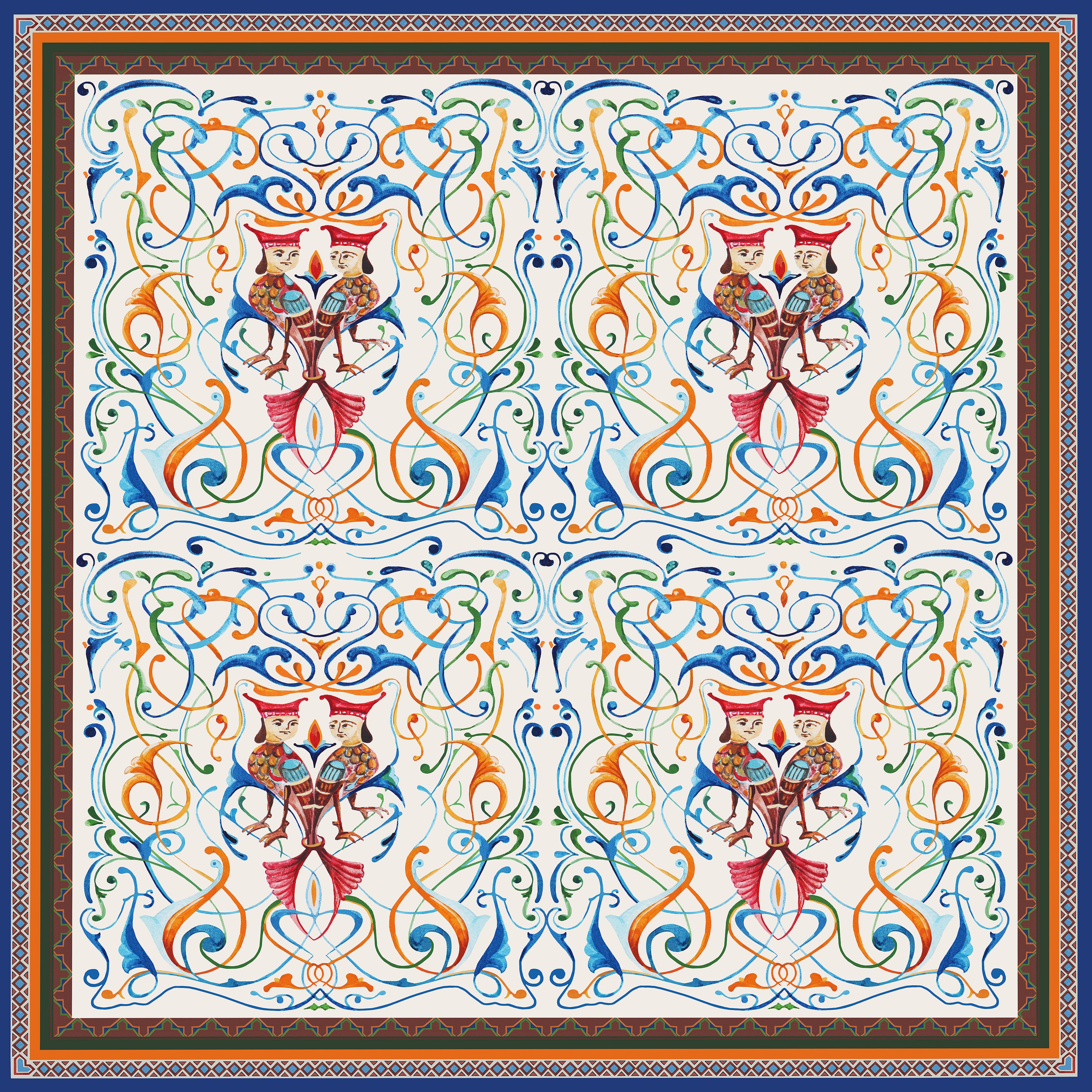 Brilliant colors showcase Egyptian two head bird the BA on silk twill fabric from Como, Italy
