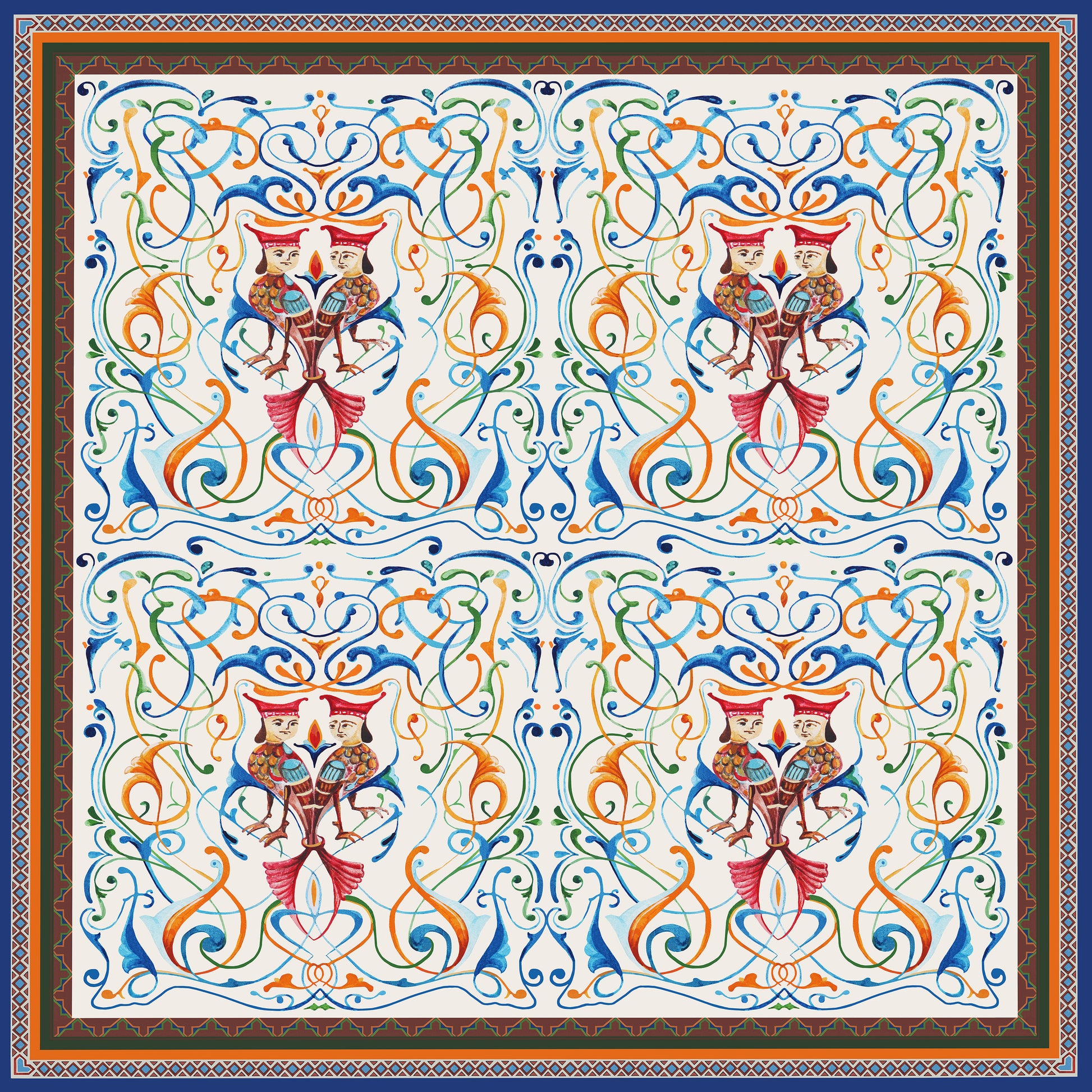 Brilliant colors showcase Egyptian two head bird the BA on silk twill fabric from Como, Italy