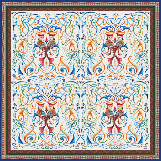 Brilliant colors showcase Egyptian two head bird the BA on silk twill fabric from Como, Italy